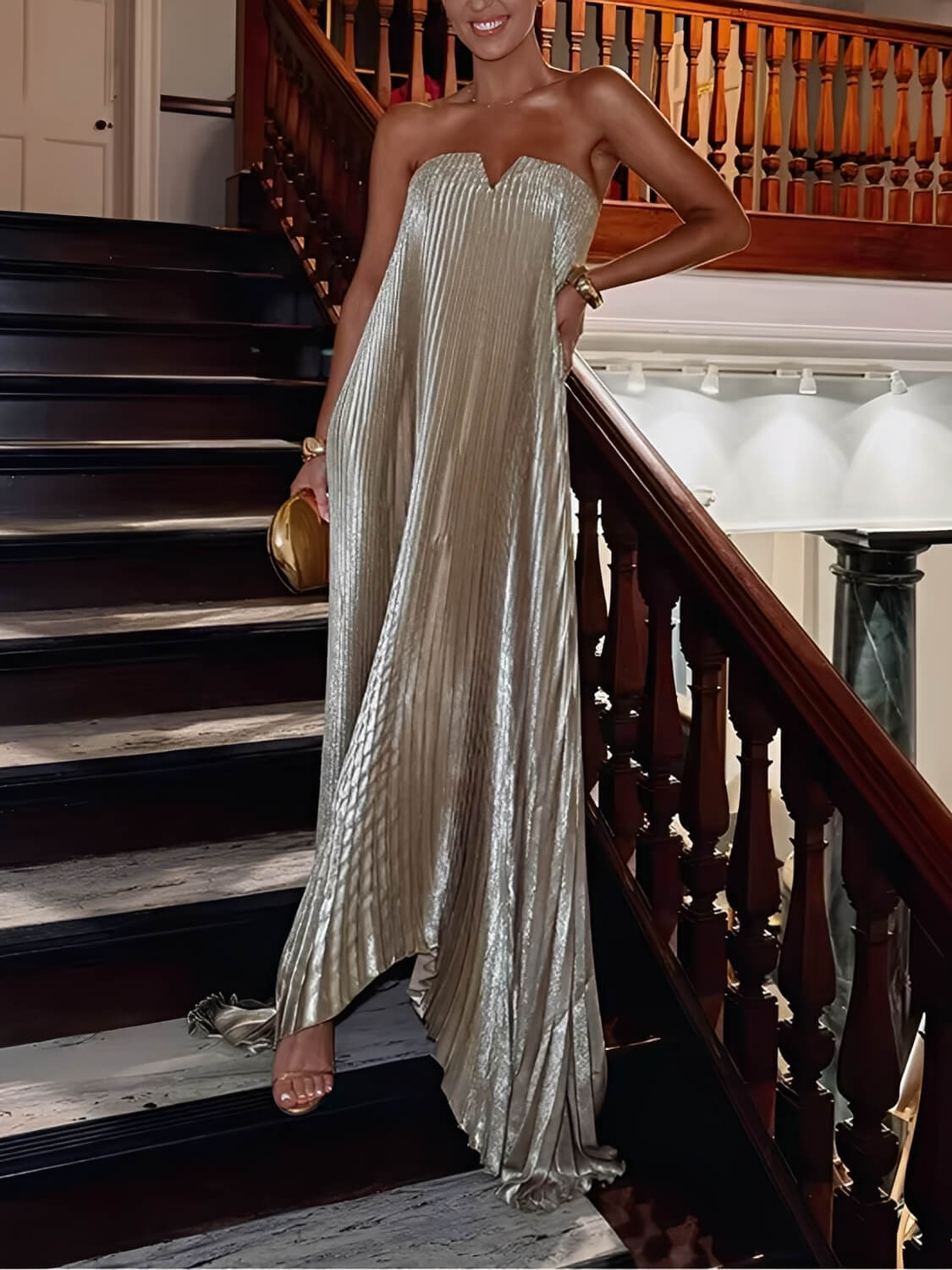 Vestido Longo Plissado Acetinado Tomara que Caia Assimétrico - Éris