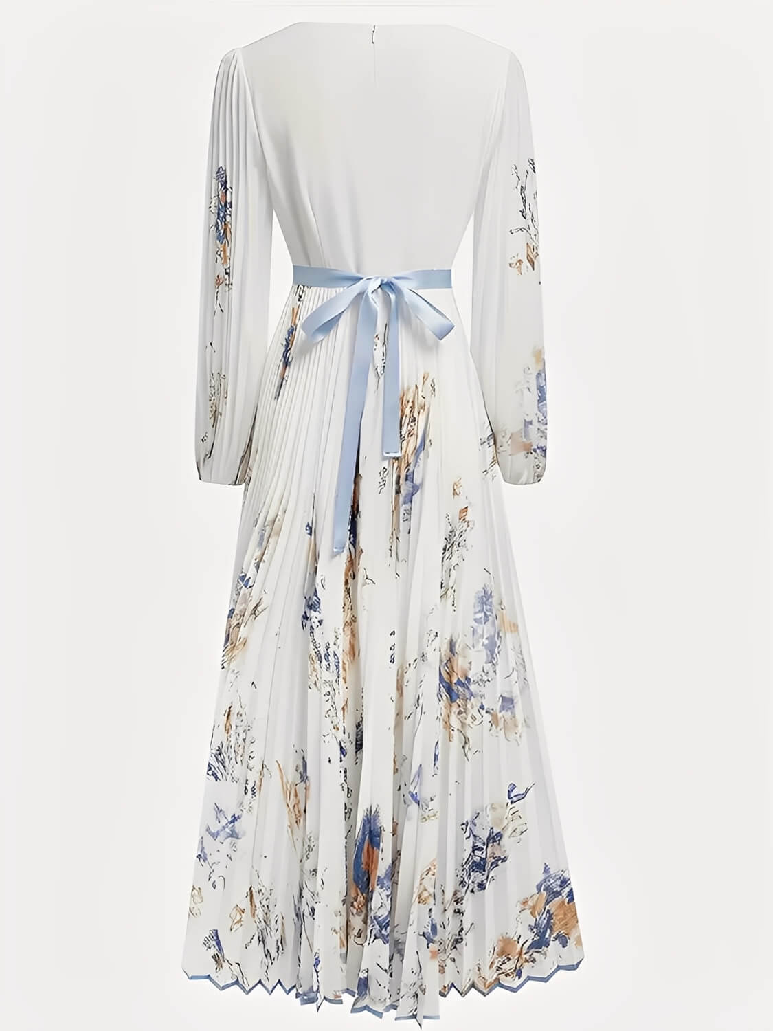 Vestido Longo Plissado Floral com Decote em V e Cinto-Faixa – Seraphina