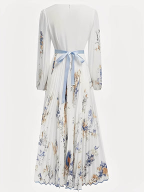 Vestido Longo Plissado Floral com Decote em V e Cinto-Faixa – Seraphina