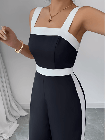 Macacão Feminino Longo Pantalona Acinturado com Faixas Laterais Contrastantes Gola Quadrada e Alças Largas – Giana