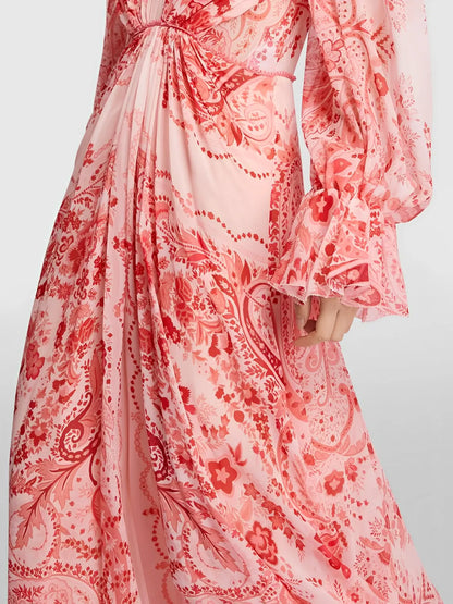Vestido Feminino Longo Estampado de Manga Longa e Acinturado - Clarisse