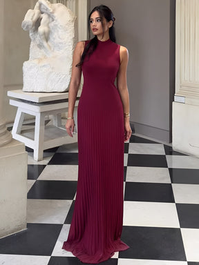 Vestido Longo em Tricô Canelado com Gola Alta e Saia Plissada – Sonia [FRETE FULL]