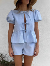 Conjunto Xadrez de Blusa Manga Bufante Laços e Short Cós Elástico - Cassie
