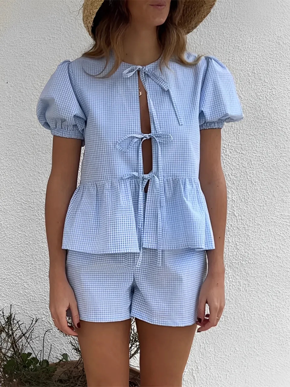 Conjunto Xadrez de Blusa Manga Bufante Laços e Short Cós Elástico - Cassie