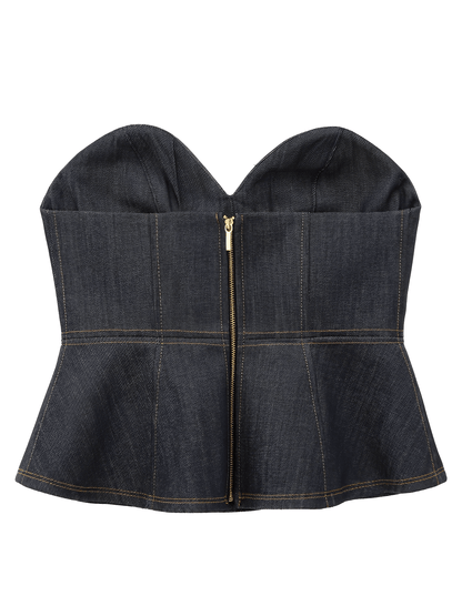 Conjunto Feminino de 3 Peças Jeans com Blazer Acinturado Corset Peplum e Calça Wide Leg Cintura Alta - Kendall