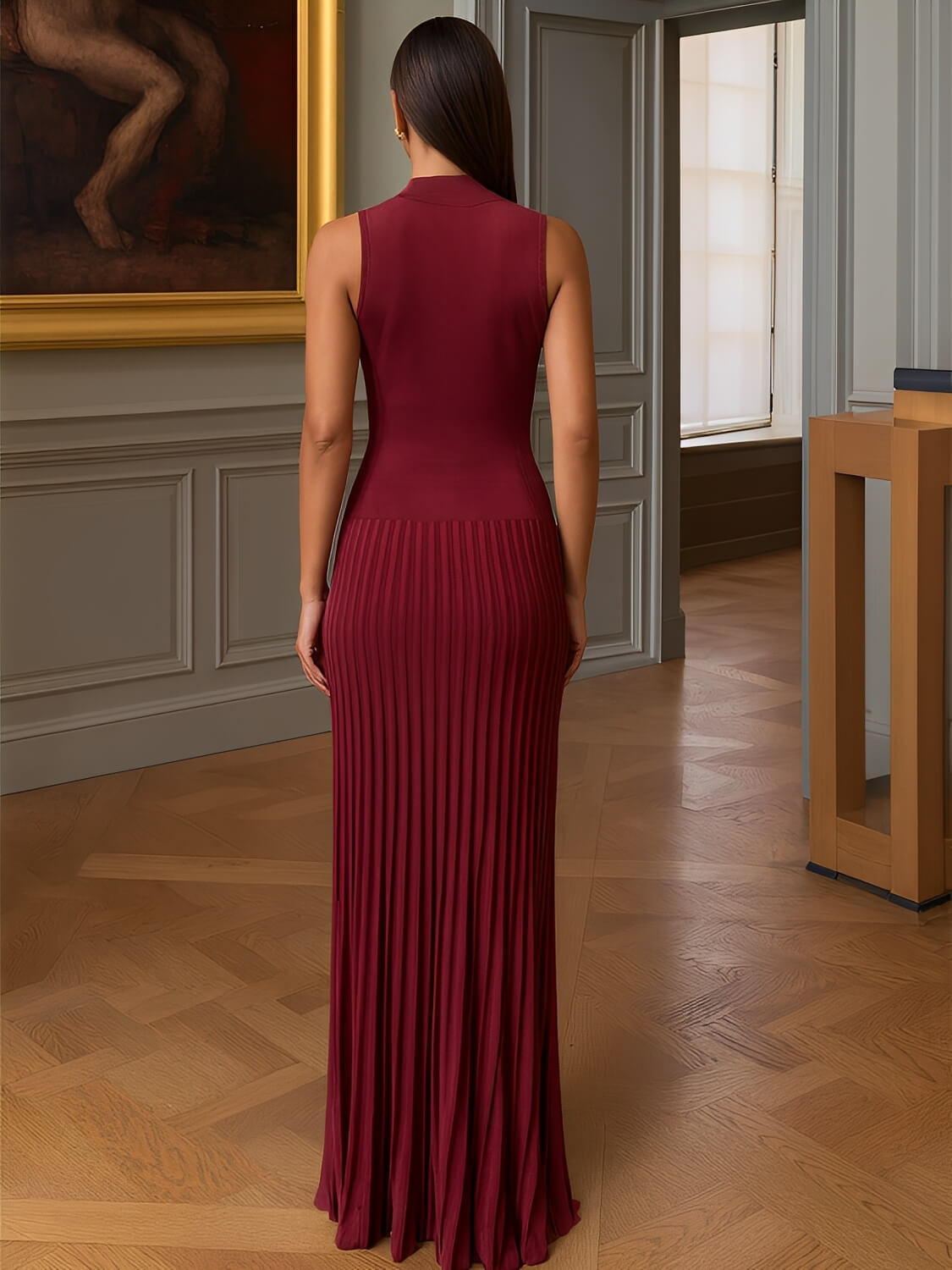 Vestido Longo em Tricô Canelado com Gola Alta e Saia Plissada – Sonia