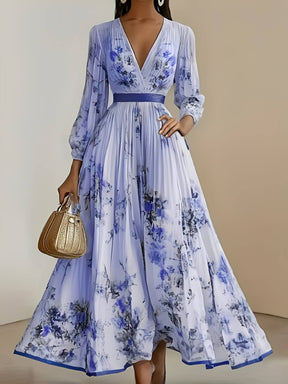 Vestido Longo Plissado Floral com Decote em V e Cinto-Faixa – Seraphina