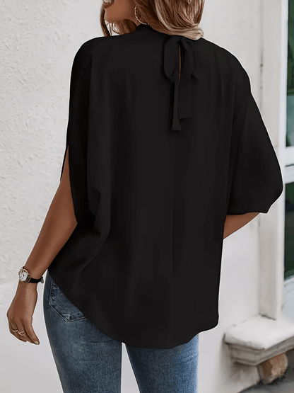 Blusa Feminina com Mangas Mocergo Vazadas e Gola Laço Amarração na Nuca - Catherine