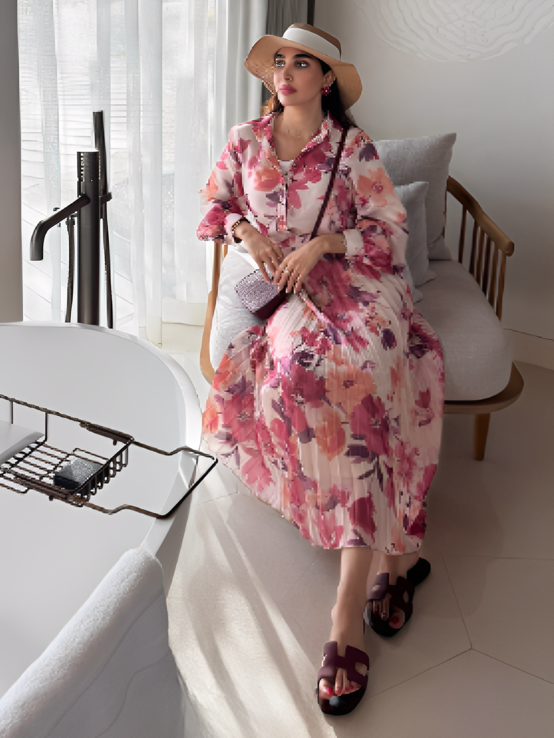 Conjunto Feminino Floral em Chiffon com Camisa Manga Longa e Saia Midi Plissada Cintura Alta  – Audrey