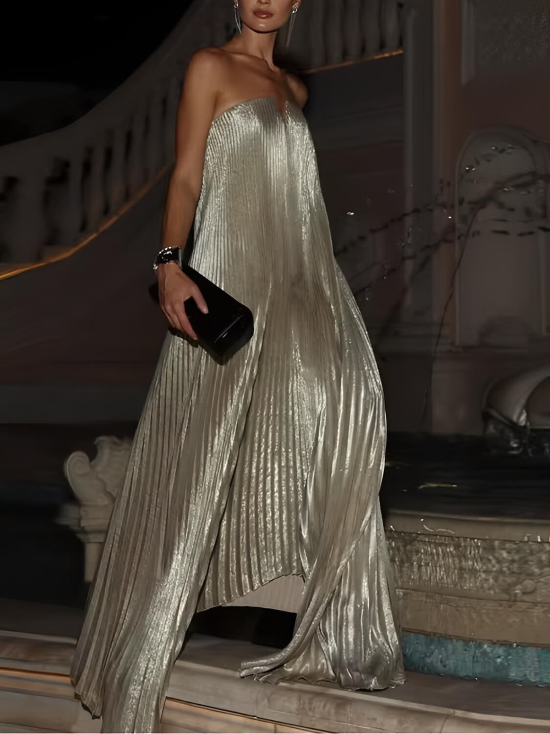Vestido Longo Plissado Acetinado Tomara que Caia Assimétrico - Éris [FRETE FULL]