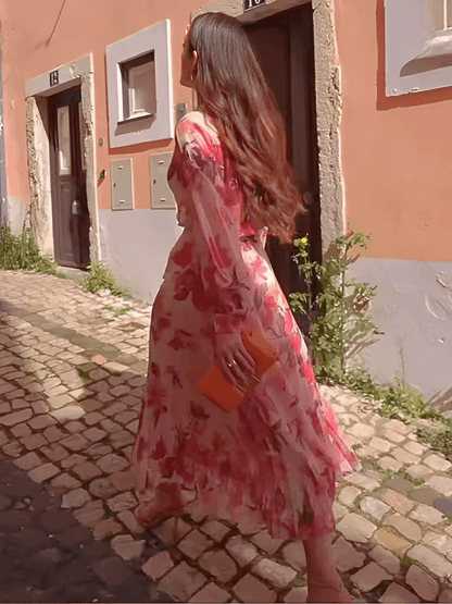 Conjunto Feminino Floral em Chiffon com Camisa Manga Longa e Saia Midi Plissada Cintura Alta  – Audrey