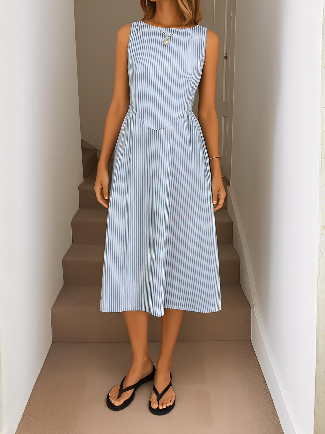 Vestido  Midi Evasê com Corset Estruturado e Listras Verticais  - Elizabeth [FRETE FULL]