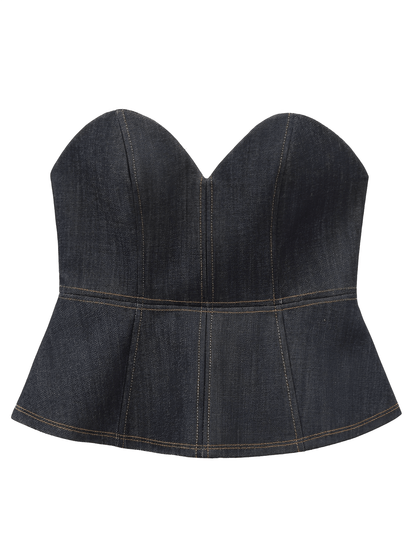 Conjunto Feminino de 3 Peças Jeans com Blazer Acinturado Corset Peplum e Calça Wide Leg Cintura Alta - Kendall