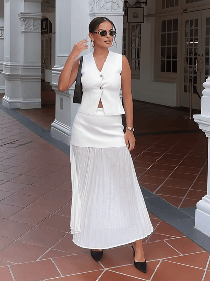 Conjunto Feminino Alfaiataria com Colete de Botões e Saia Longa em Camadas Plissada - Mirella