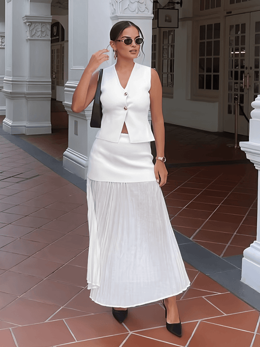 Conjunto Feminino Alfaiataria com Colete de Botões e Saia Longa em Camadas Plissada - Mirella