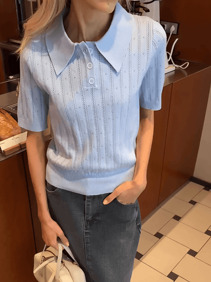 Blusa Feminina em Tricô Gola Polo com Costura em Relevo e Decote com Botões – Lily