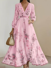 Vestido Longo Plissado Floral com Decote em V e Cinto-Faixa – Seraphina