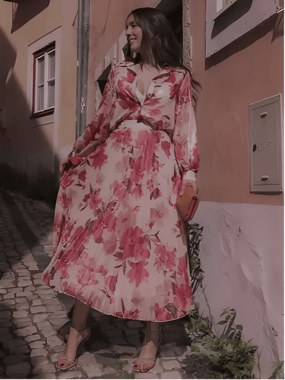 Conjunto Feminino Floral em Chiffon com Camisa Manga Longa e Saia Midi Plissada Cintura Alta  – Audrey