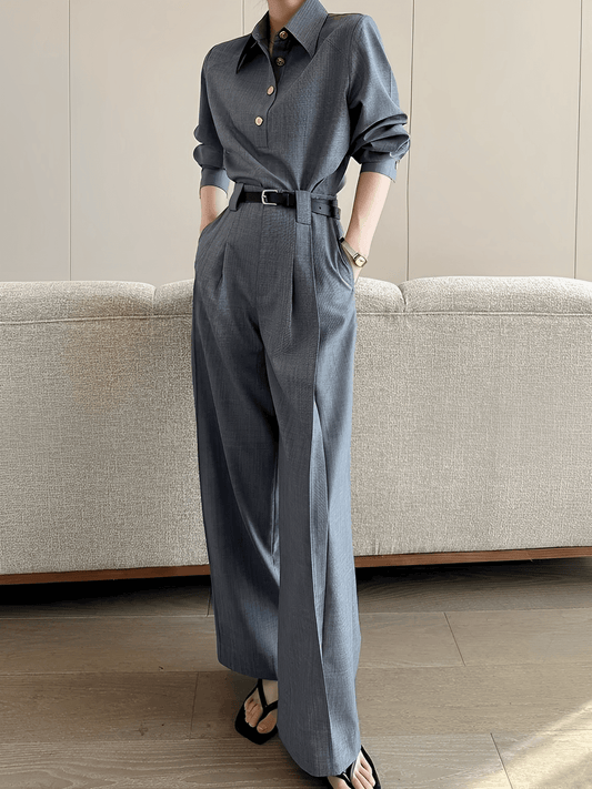 Calça Feminina em Alfaiataria Texturizada com Cintura Alta Bolsos Funcionais e Modelagem Wide Leg  – Alyssa