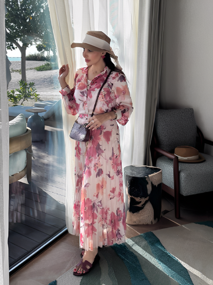 Conjunto Feminino Floral em Chiffon com Camisa Manga Longa e Saia Midi Plissada Cintura Alta  – Audrey