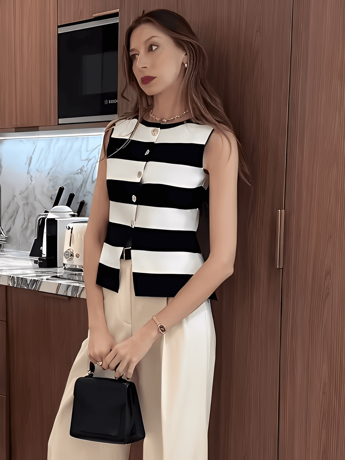 Blusa Feminina em Viscose com Listras Sofisticadas e Fechamento em Botões Dourados - Belinda