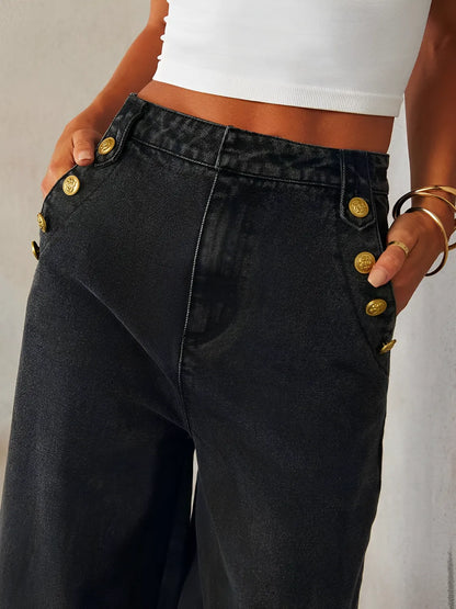 Conjunto Feminino Jeans com Colete de Botões e Calça Pantalona Cintura Média - Agatha