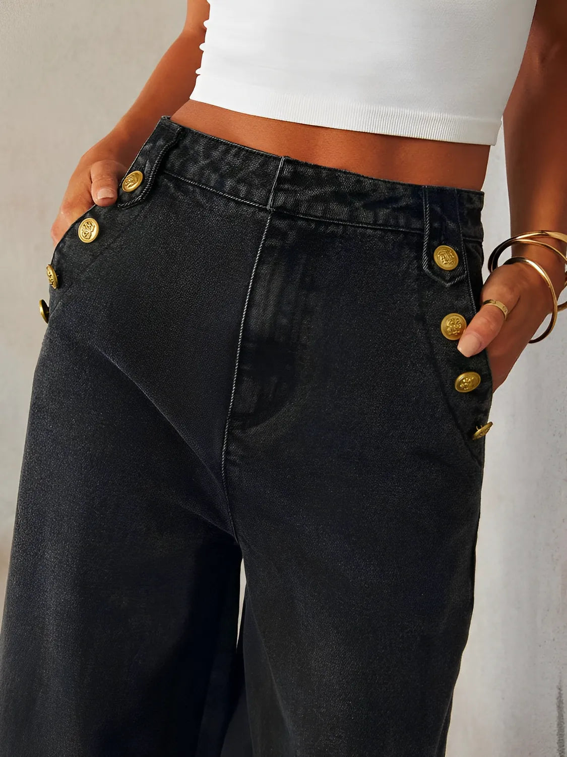 Conjunto Feminino Jeans com Colete de Botões e Calça Pantalona – Agatha