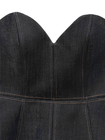 Conjunto Feminino de 3 Peças Jeans com Blazer Acinturado Corset Peplum e Calça Wide Leg Cintura Alta - Kendall