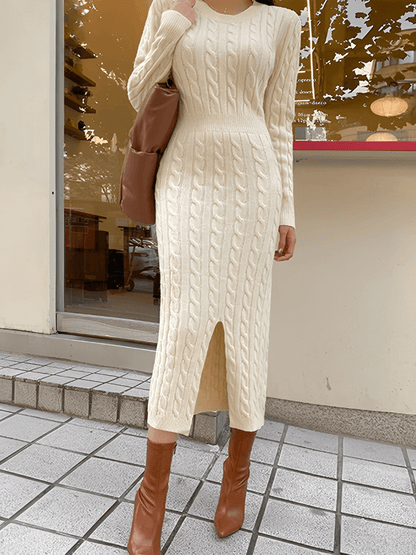Vestido Feminino Midi em Tricô Texturizado com Decote Versátil 2 em 1 e Manga Longa – Genebra