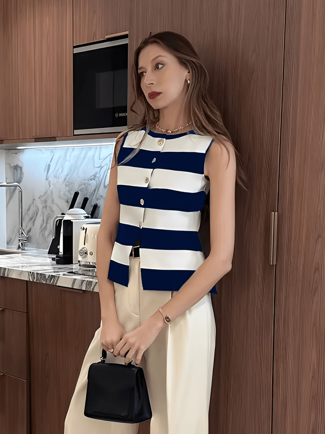Blusa Feminina em Viscose com Listras Sofisticadas e Fechamento em Botões Dourados - Belinda