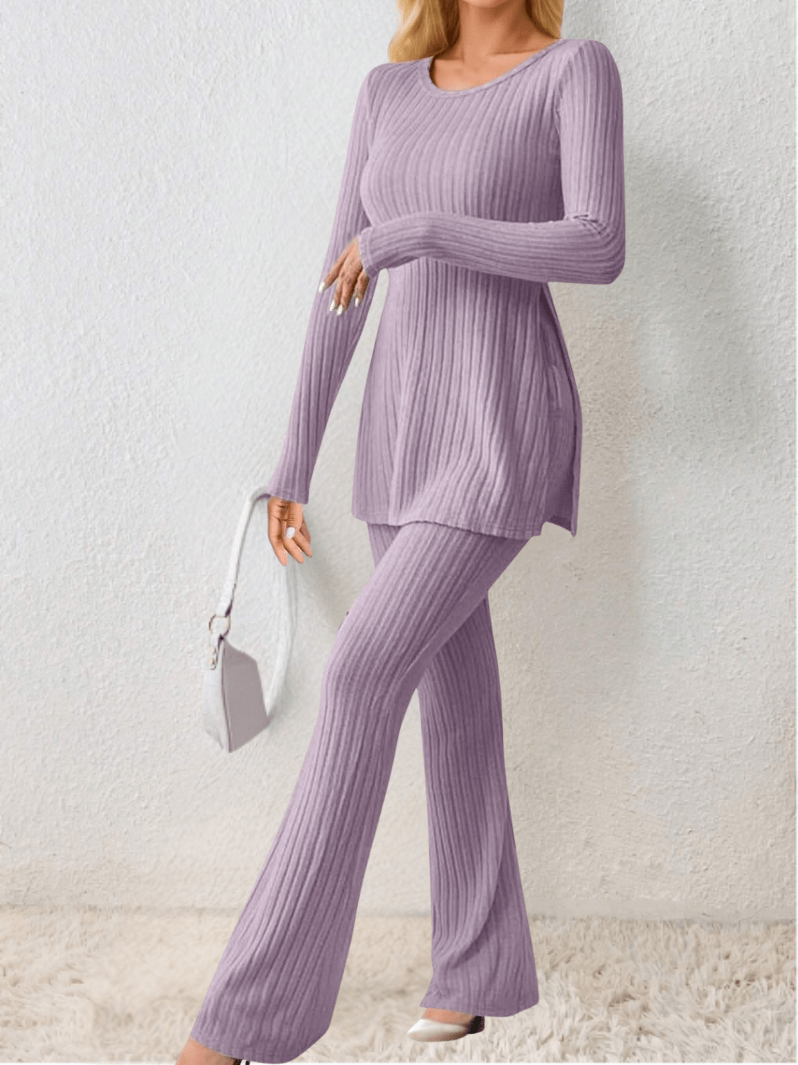 Conjunto Feminino em Tricô Canelado com Blusa Mullet Manga Longa com Fendas Laterais e Calça Flare com Cintura Alta Elástica - Sabrina [FRETE FULL]