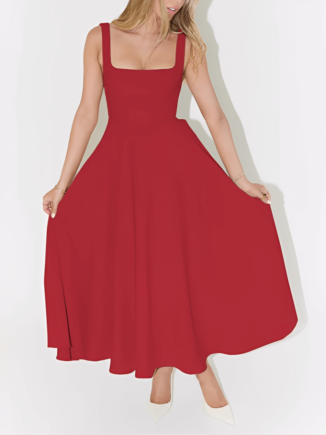 Vestido Feminino Longo Modelagem Evasê com Corset Estruturado de Alças Largas Decote Quadrado e Saia Fluida - Luciene