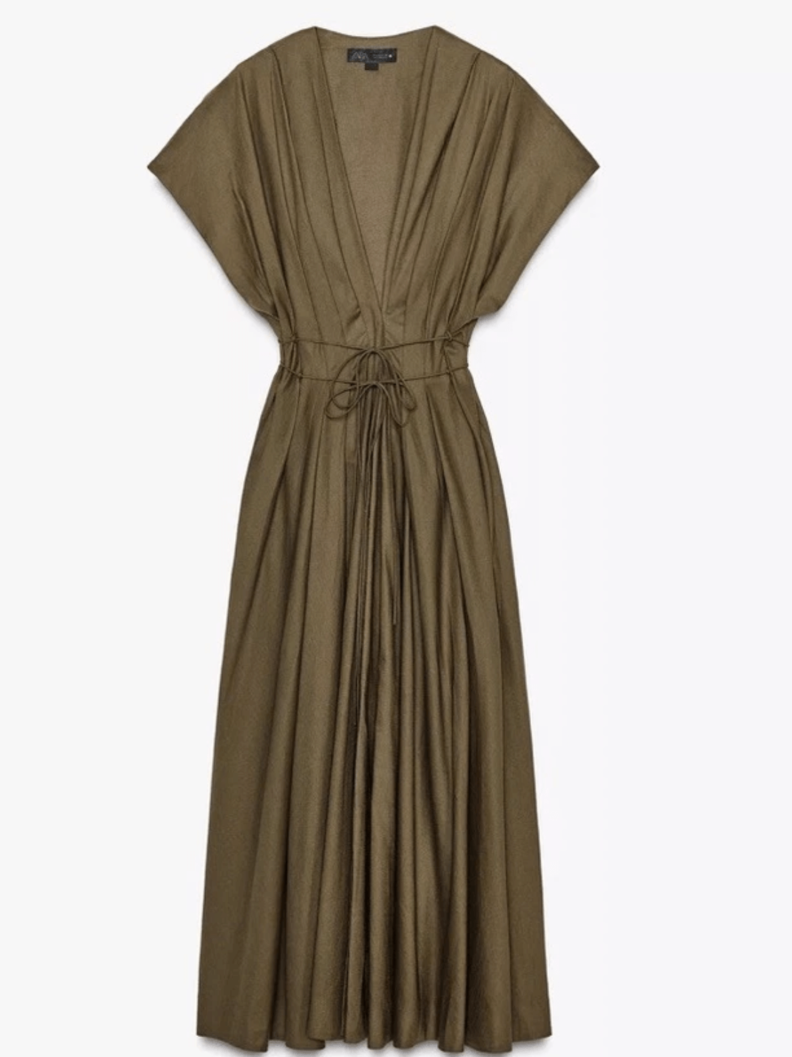 Vestido Feminino Maxi Estruturado Modelagem Evasê com Mangas Morcego Amarração Franzida na Cintura e Bolsos Laterais – Talita