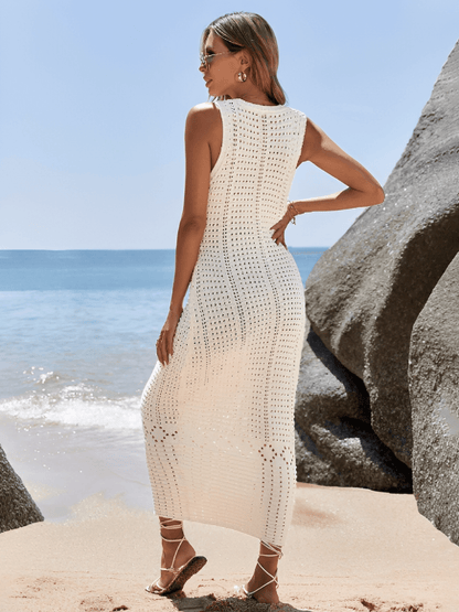 Vestido Feminino Midi em Crochê Vazado Com Decote V e Alças Largas – Samantha