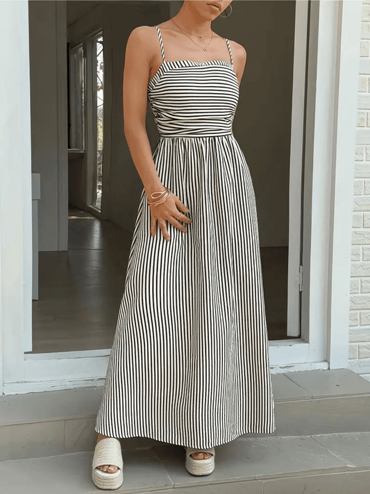 Vestido Feminino Maxi Listrado com Alças Finas Detalhe Franzido na Cintura e Elástico nas Costas – Molie