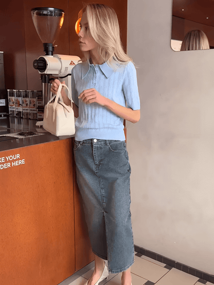 Blusa Feminina em Tricô Gola Polo com Costura em Relevo e Decote com Botões – Lily