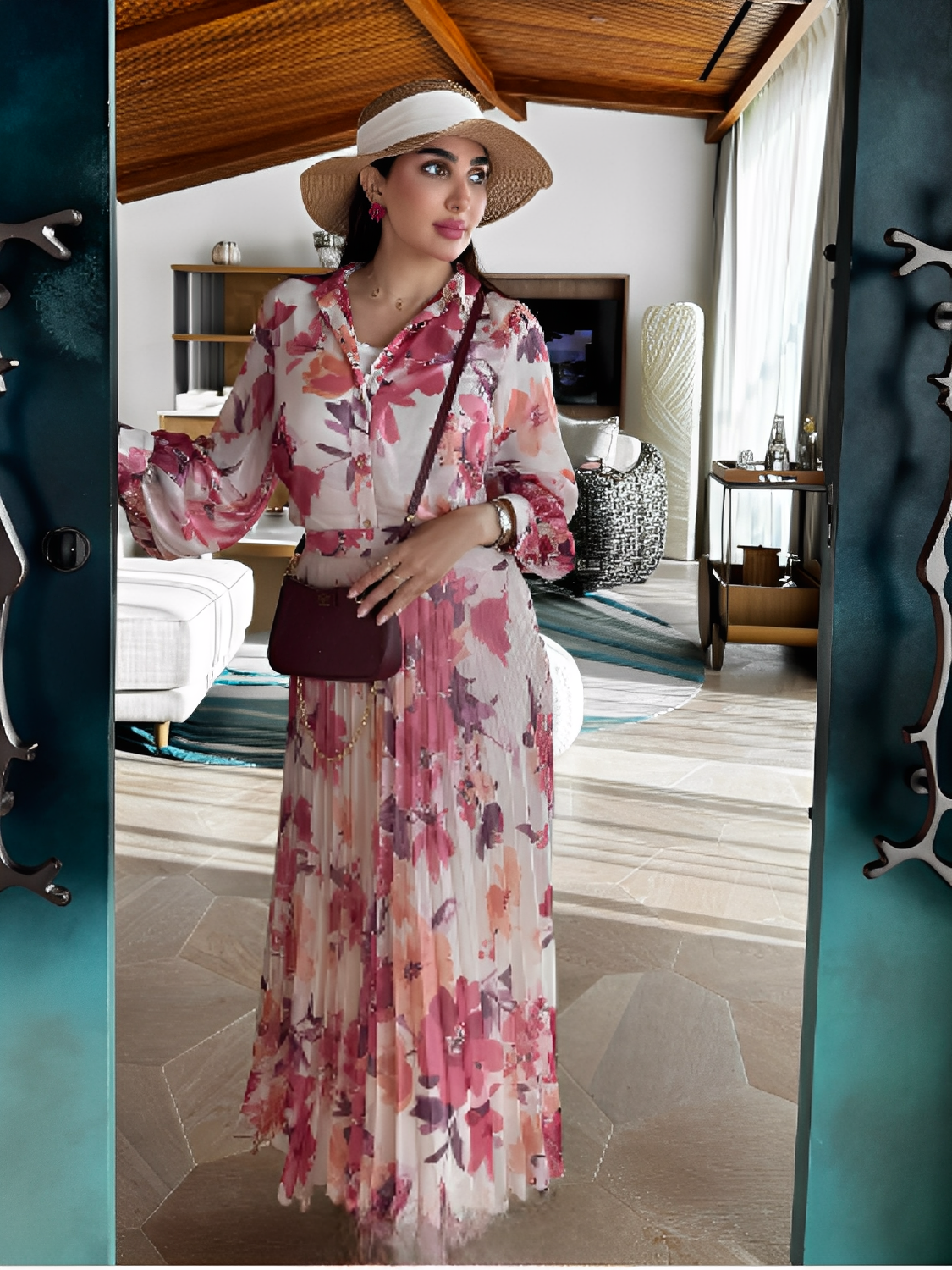 Conjunto Feminino Floral em Chiffon com Camisa Manga Longa e Saia Midi Plissada Cintura Alta  – Audrey