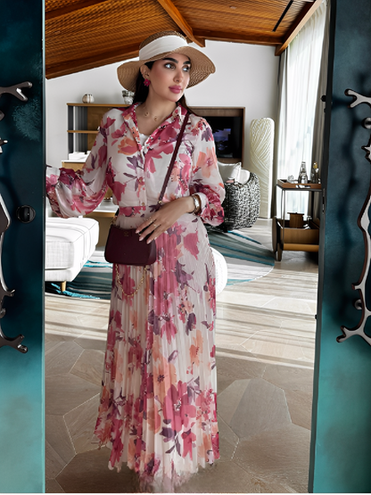 Conjunto Feminino Floral em Chiffon com Camisa Manga Longa e Saia Midi Plissada Cintura Alta  – Audrey