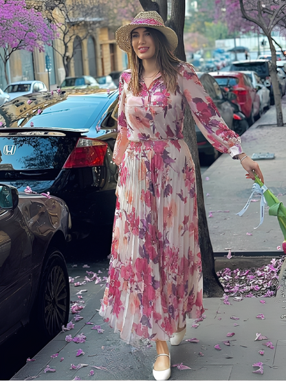 Conjunto Feminino Floral em Chiffon com Camisa Manga Longa e Saia Midi Plissada Cintura Alta  – Audrey