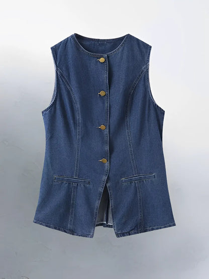 Conjunto Feminino Jeans com Colete de Botões e Short de Cintura Alta - Raiza