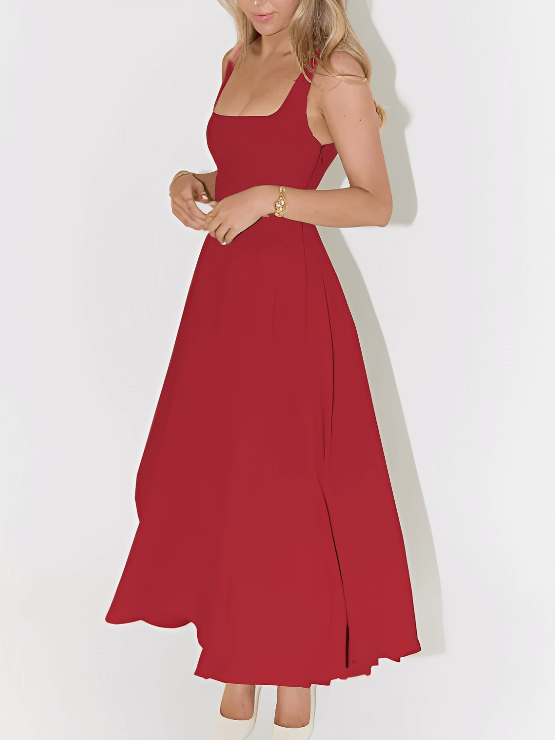 Vestido Feminino Longo Modelagem Evasê com Corset Estruturado de Alças Largas Decote Quadrado e Saia Fluida - Luciene