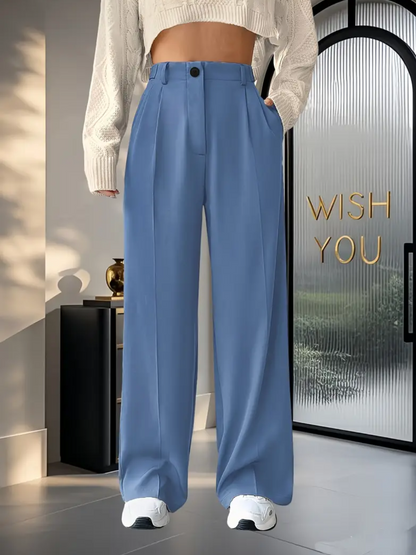 Calça Feminina Alfaiataria Modelagem Wide Leg com Bolsos Funcionais Pregas e Cintura Alta – Adelina