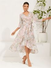 Vestido Midi Floral em Chiffon Evasê Assimétrico de Mangas Sino – Alexia