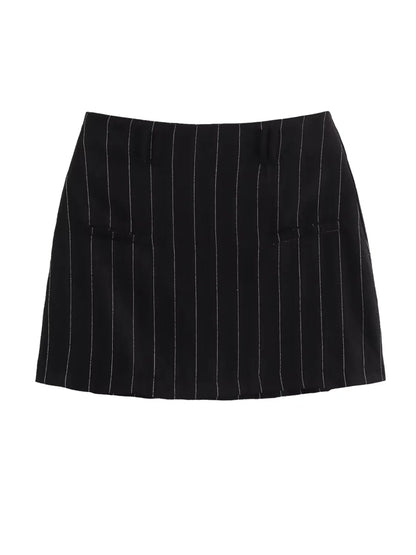 Conjunto Feminino Risca de Giz Colete com Botões e Amarração nas Costas e Saia Curta - Dara
