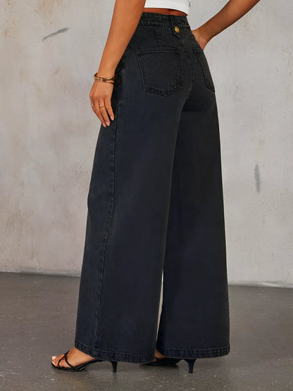 Conjunto Feminino Jeans com Colete de Botões e Calça Pantalona Cintura Média - Agatha
