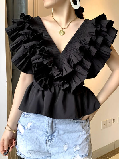 Blusa Feminina com Babados Decote em V com Botões - Isabella