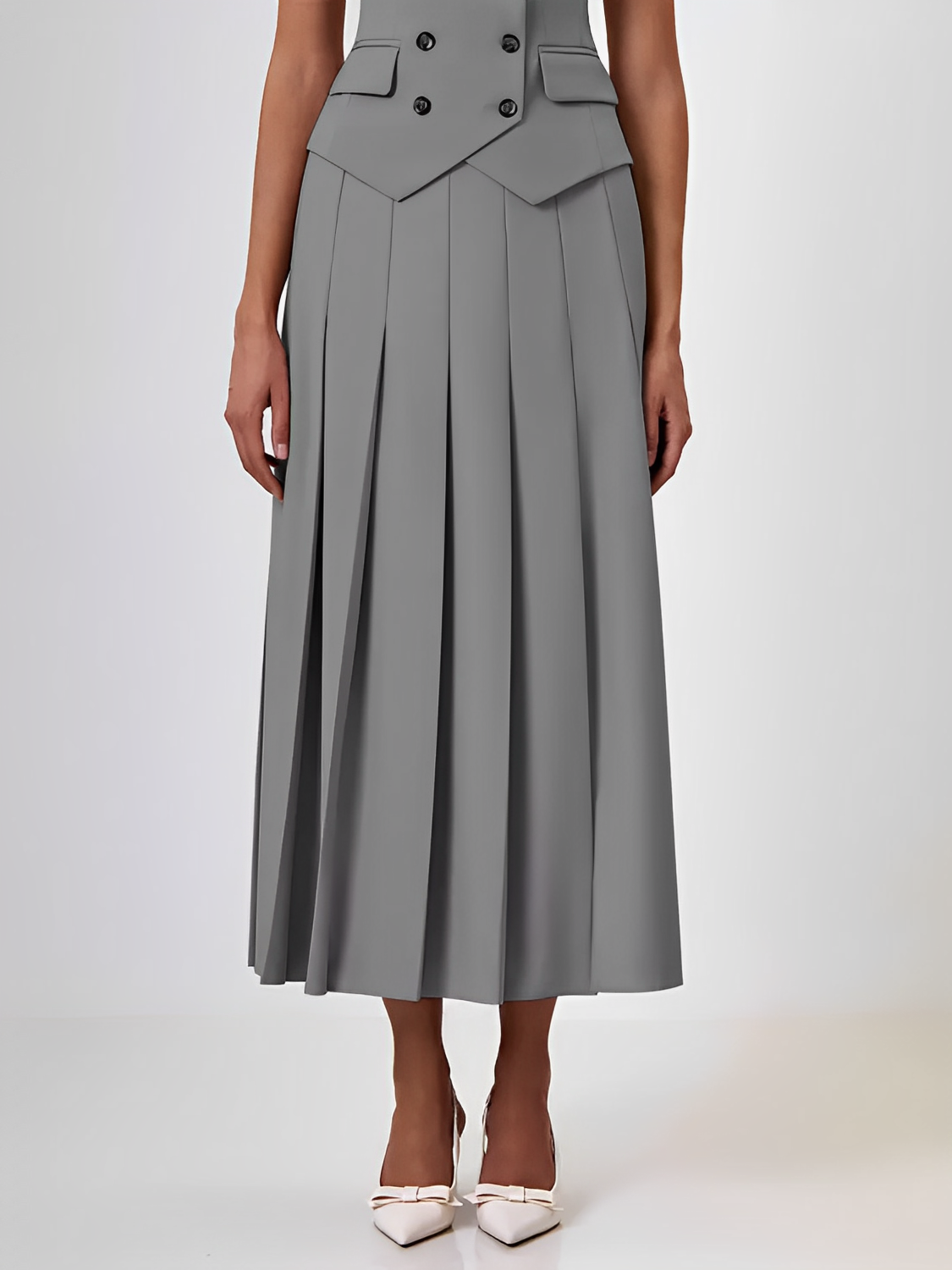 Conjunto Feminino de Alfaiataria com  Colete Clássico e Saia Midi Plissada - Lizandra