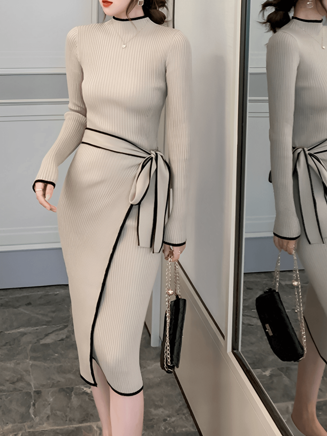 Vestido em Tricô Canelado com Gola Alta e Laço Transpassado – Apoline