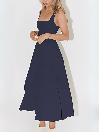 Vestido Feminino Longo Modelagem Evasê com Corset Estruturado de Alças Largas Decote Quadrado e Saia Fluida - Luciene