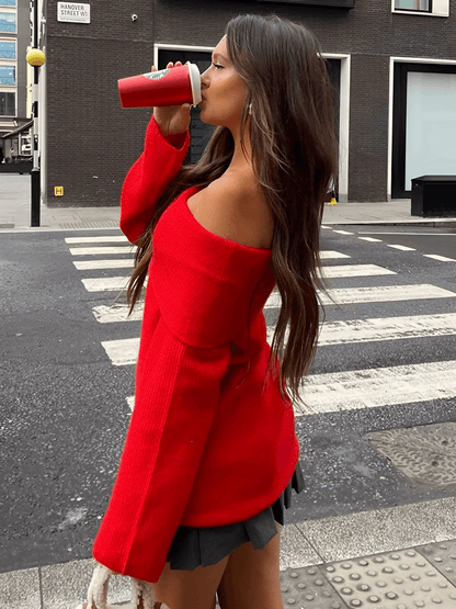 Suéter Feminino em Tricô Ombro a Ombro com Gola Larga e Manga Tipo Flare – Flávia